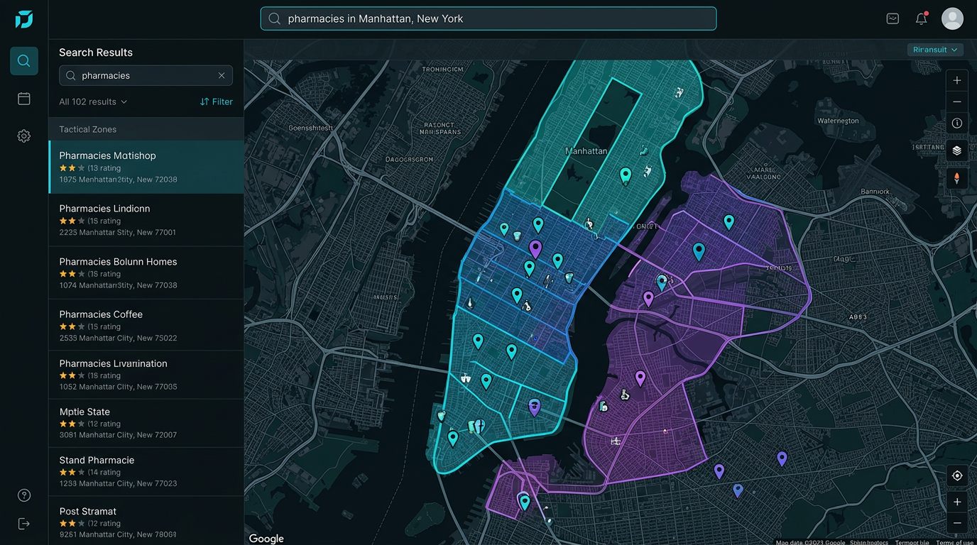 MaxLeadsNow — Searching pharmacies in Manhattan with tactical zones and lead pins on the map